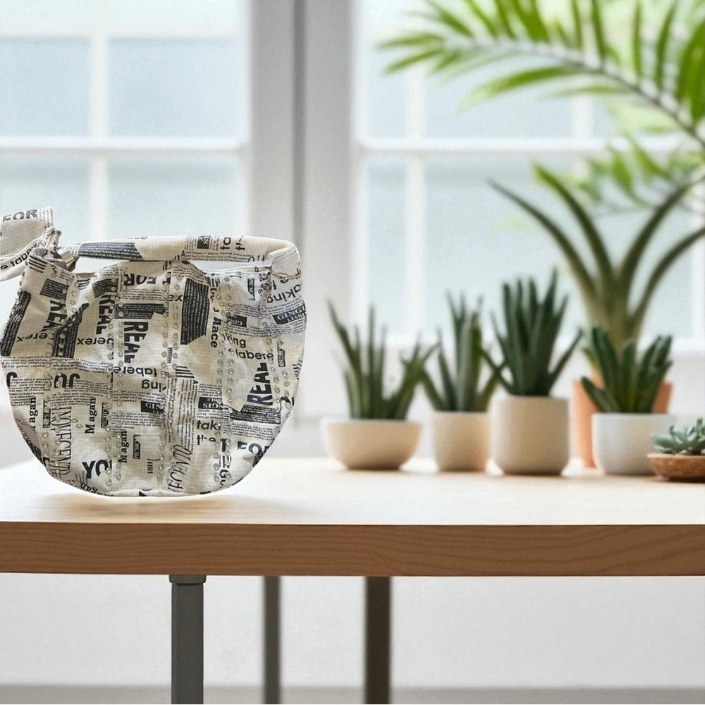 Beautiful newspaper, print shoulder bag with rhinestone embellishments